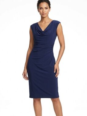 37 Ralph Lauren Navy Blue Draped Sheath Dress Cap Sleeve Ruched Midi Size 2